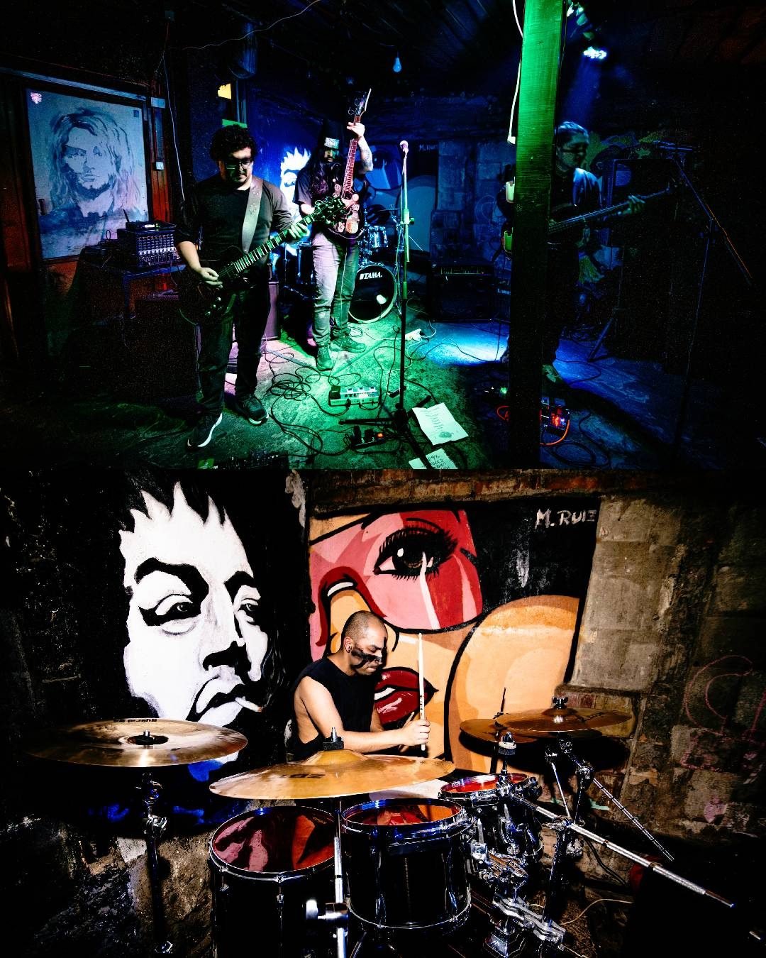 Krohma tocando en Santa Juana junto a un mural callejero de fondo